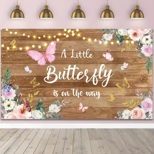 Butterfly Backdrop A Little Butterfly is On The Way Baby Shower Banner Rustic Wood Purple and Pink Floral Photography Background for Girls Birthday Party Decoration Supplies
