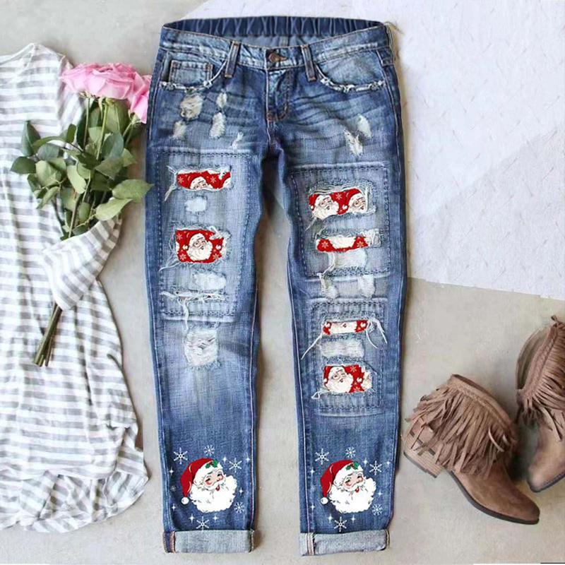 Women's Distressed Skinny Jeans with Red Santa & Reindeer Print Vintage Ripped Design Stretch Waistband for Comfort Holiday Casual Street Style Fit All Seasons Straight Cut Denim Leg Trouser Fabric Womenswear Elastic Stretchable Fitted