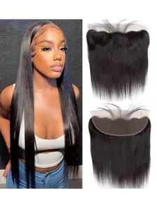 13x4 Lace Frontal Human Hair, Transparent Lace Closure, Straight Brazilian Hair for Women, Pre-Plucked with Natural Hairline, Glueless Lace Frontal
