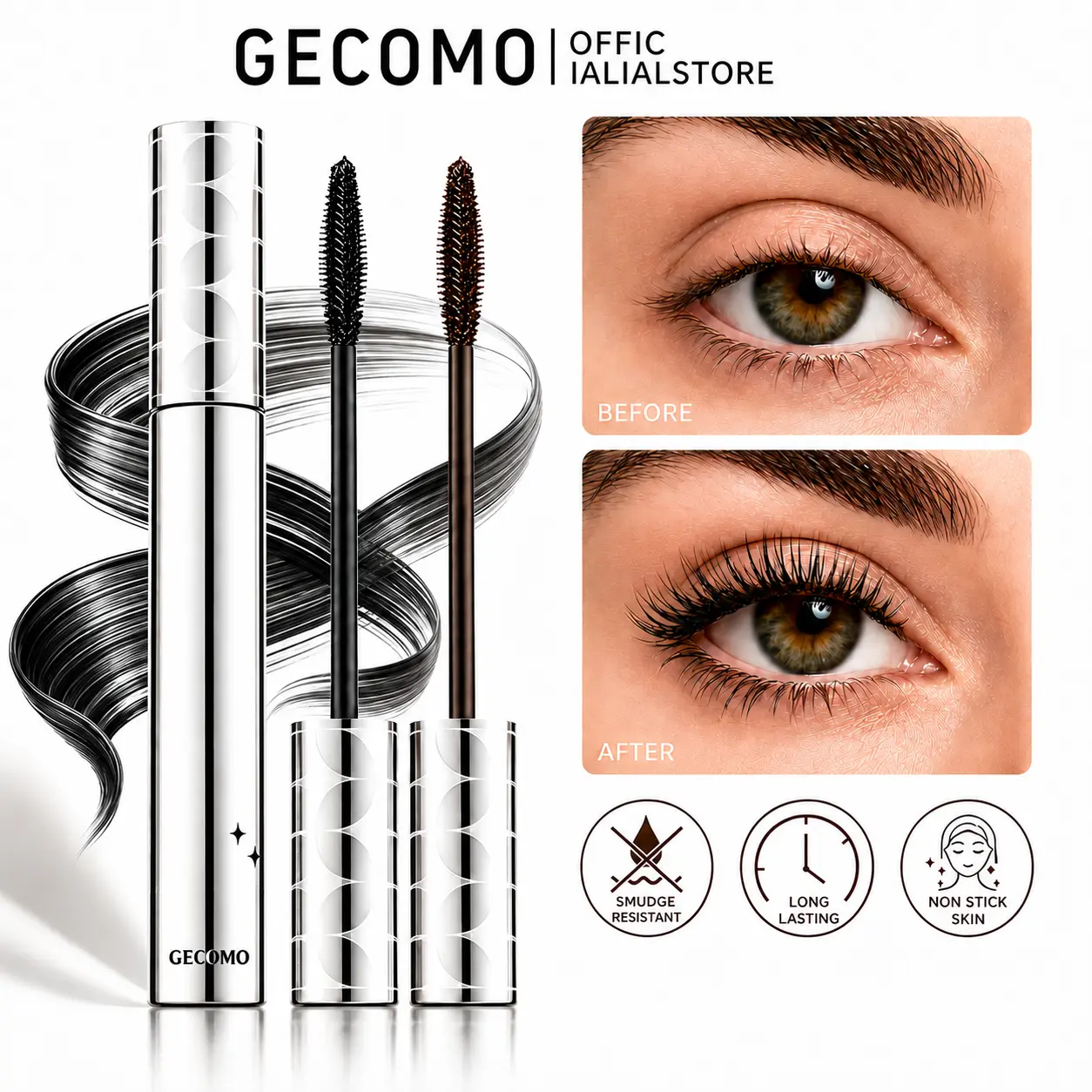 GECOMO Fine Bristle Smudge-Proof Mascara, Spiral Brush for Natural Volumizing Curled Lashes, Long-Wearing Tubing Formula, Built-in Brush, Perfect for Special Occasions, Affordable Drugstore Makeup, Holiday Gift, Pump Mascara