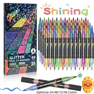 24/48/72/96 Colors Glitter Effect Brush Markers, Dual-Tip Dual-Color 1–5 mm Soft Brush Shimmer Markers for Doodle Writing and DIY Glitter Art, Greeting and Birthday Card Making, DIY Painting Supplies, Art Materials, Art Color Set, Coloring Markers
