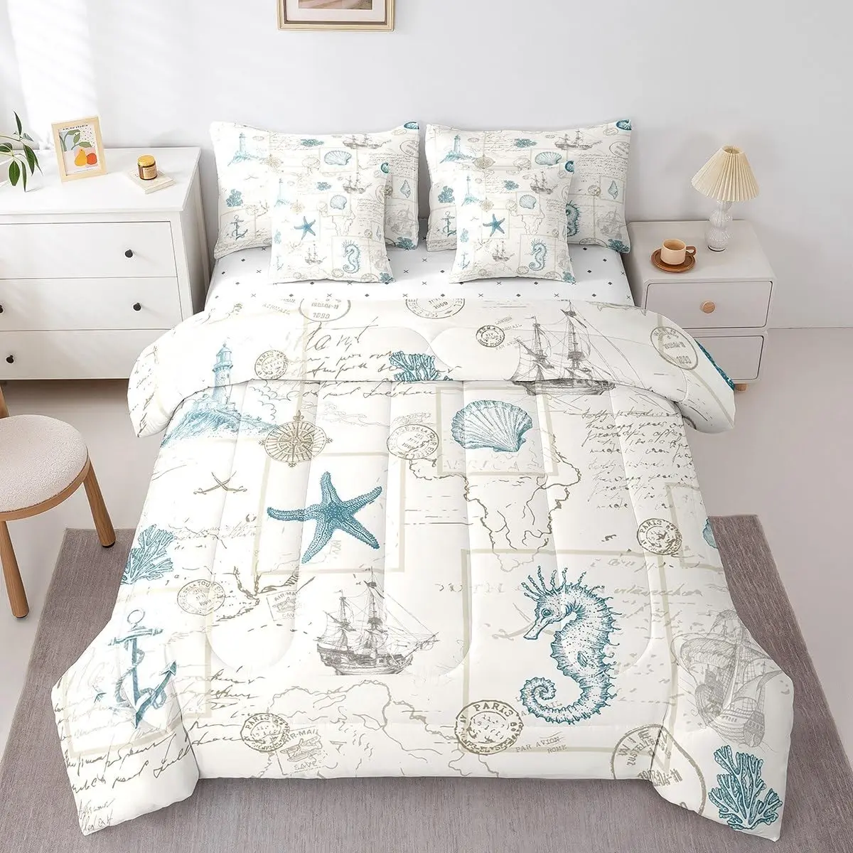 7 Pieces Beach Nautical Comforter Set,Coastal Ocean Sketch Seashell Conch Seahorse Starfish Sailboat Bedding Set Adult Vintage Beige Navy Down Comforter,Fitted Sheet,Flat Sheet