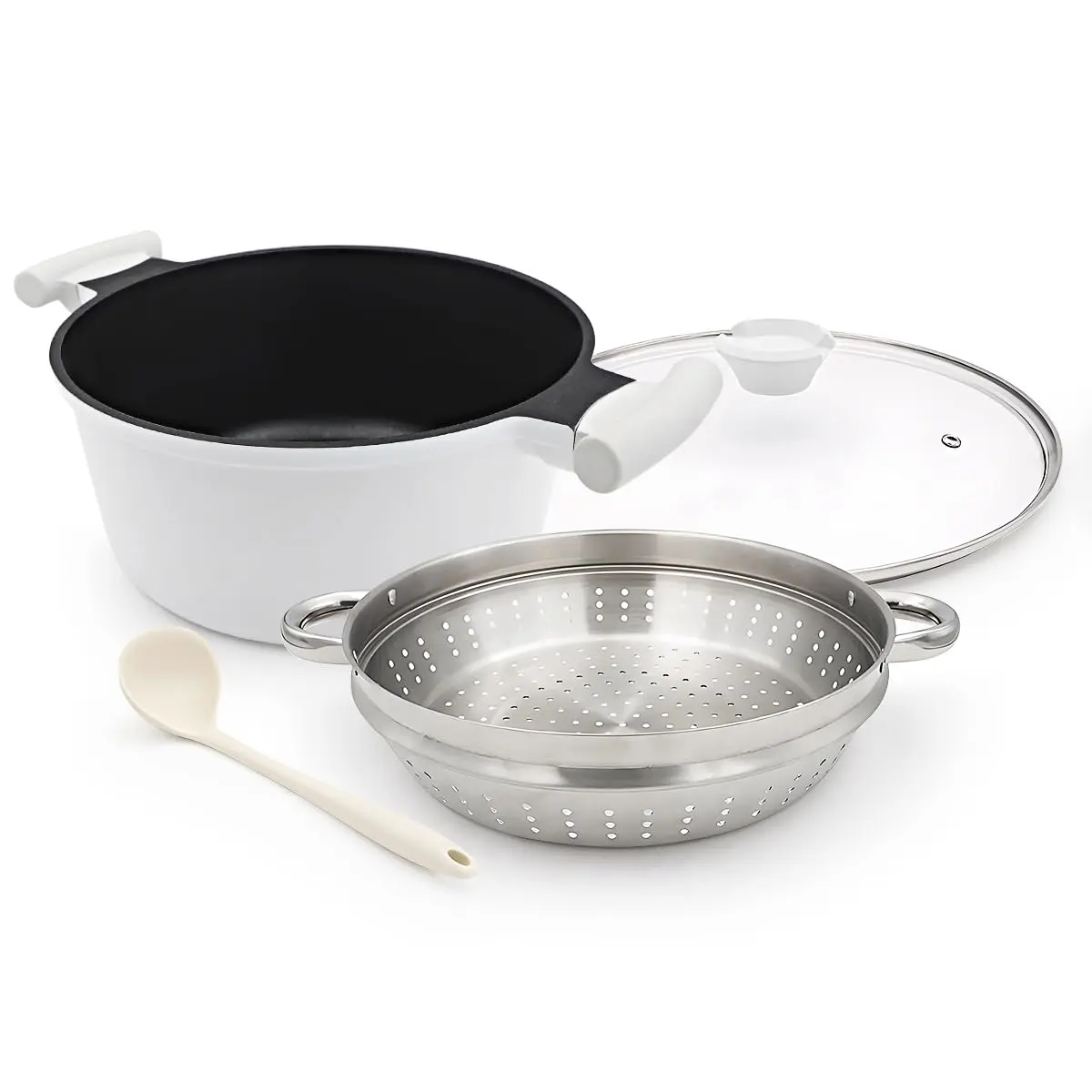 WENZHUO 7 QT Nonstick Steamer Pot with Lid & Vegetable-Dumpling Steamer Basket, Induction Compatible, PFOA-Free White Ceramic Glass Cookware