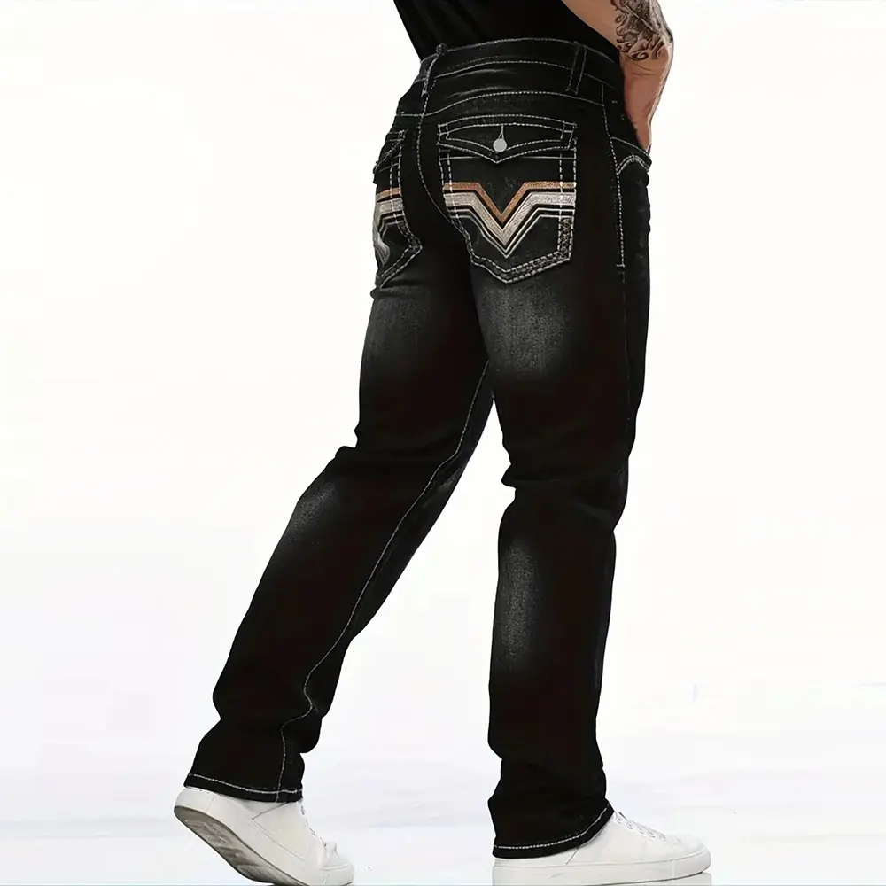 Men’s vintage washed stretch denim jeans, minimalist and premium, slim fit, featuring a back pocket and distressed detailing—versatile for biker, street, and casual outfits.