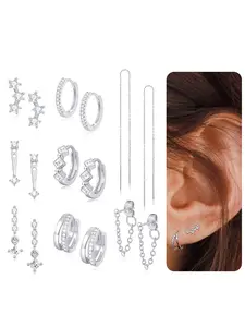 8 Pairs 18K Gold Plated Small Hoop Earring CZ Cartilage Stud Earring for Women Long Chain Design Drop Dangle Stackable Stack Earrings for Multiple Piercings Gold Silver Tone Earrings Set