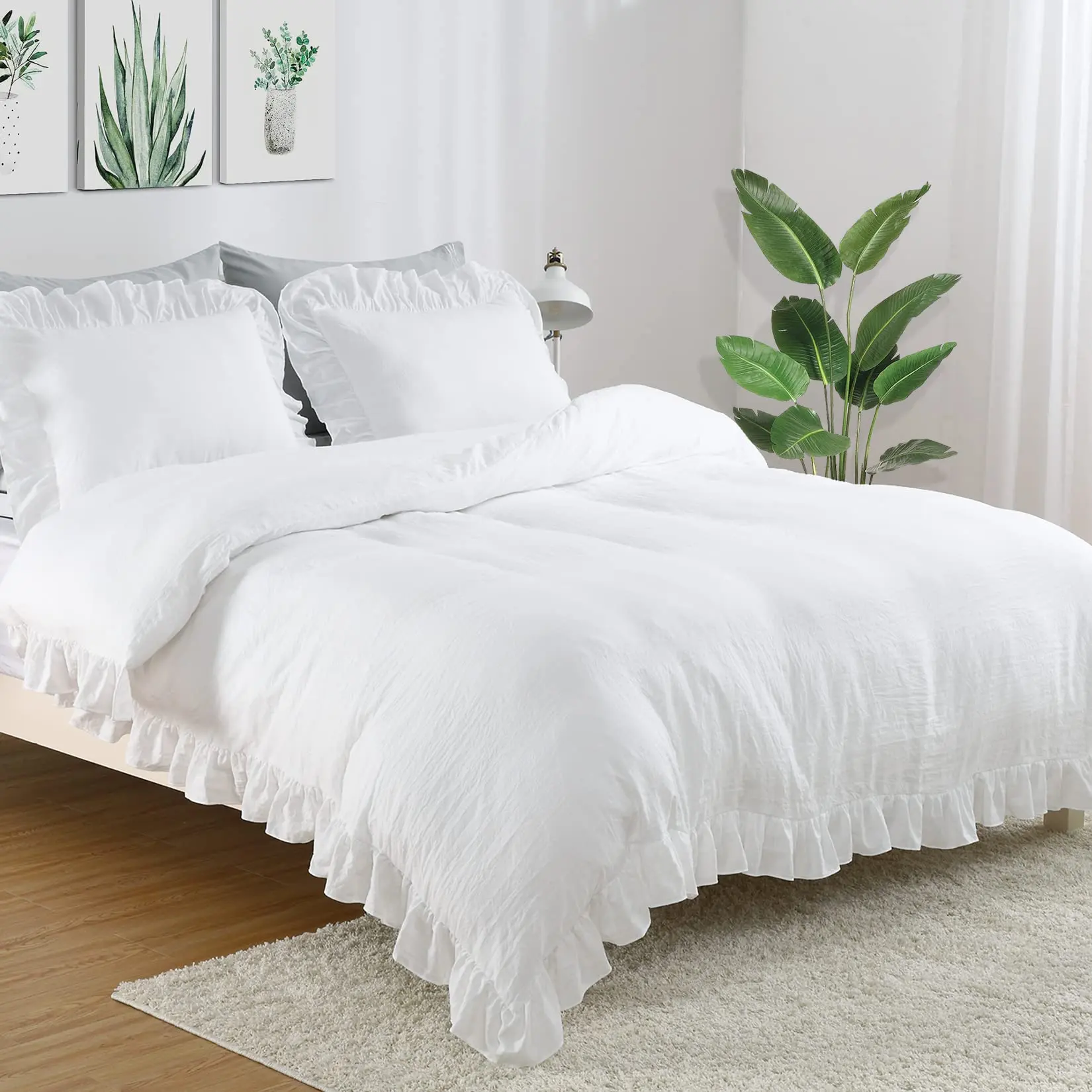 Garvee Upgraded 90x90 Inch Queen White Ruffle Duvet Cover 3 Piece Set, Soft Washed Microfiber Vintage French Country Bedding Set