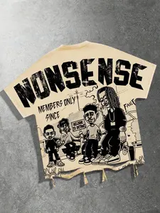 Music festival clothing short sleeved loose T-shirt, Unisex, non sense slogan ripped hole loose T-shirt summer clothing street fashion brand cartoon print rap artist Y2K
