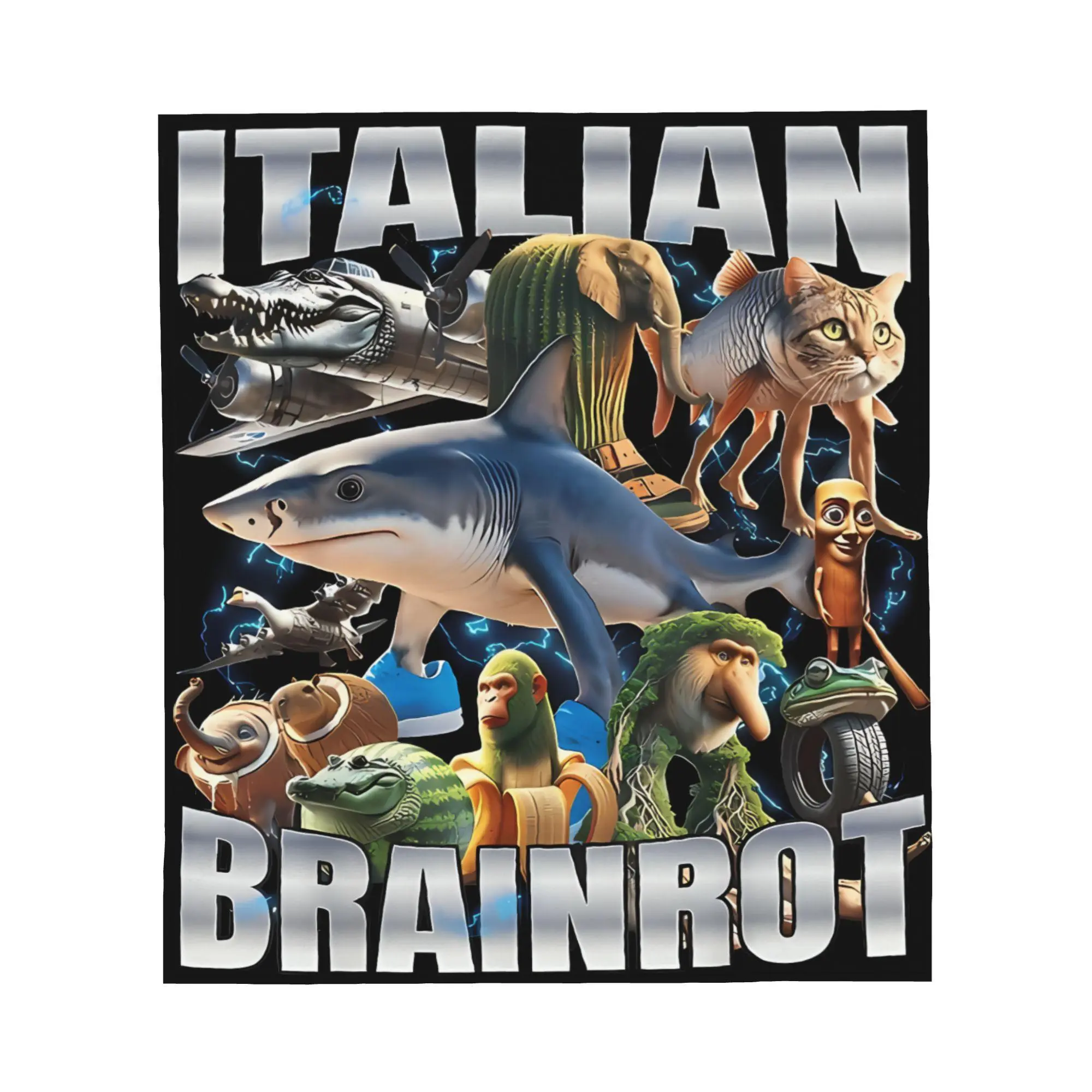 Italian Brainrot Viral Meme Collage Flannel Fleece Throw Blanket, Tralalero Tralala Bombardiro Crocodilo Surreal AI Character Print Soft Warm Bed Couch Blanket, Multiple Sizes Available, Ships From USA For Gen Z Meme Fans