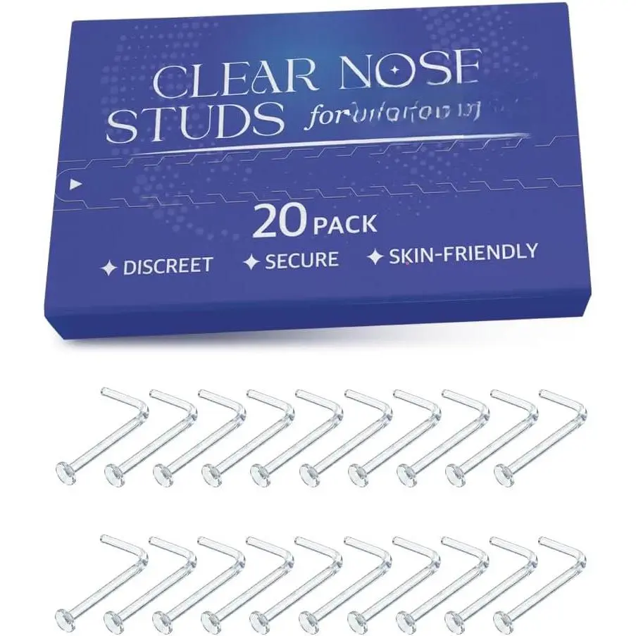 Clear Nose Studs for Work 20 Pack 18 Gauge - Clear Nose Rings 1mm | Invisible Flat Stud Plastic  Retainer Cover for  -   for Women and Men