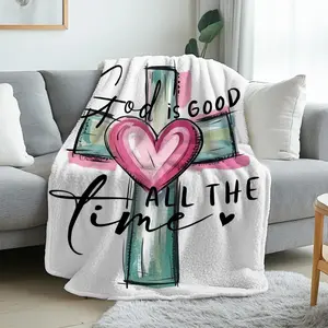God Is Good Cross Heart Flannel Blanket - Soft Warm Faith-Themed Design - Suitable for Living Room, Bedroom, Sofa, Year-Round
