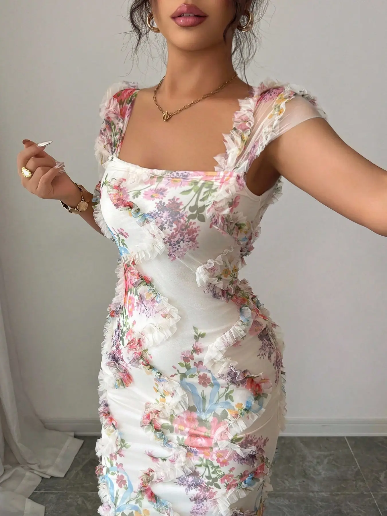 French floral mesh ruffle slim-fit midi bodycon summer dress, sheer mesh Ruffled design, Y2K and French romantic style. Suitable for vacations, weddings, banquets, dates, parties, daily outings and other occasions. - TikTok French floral mesh ruffle slim-fit midi bodycon summer dress, sheer mesh Ruffled design, Y2K and French romantic style. Suitable for vacations, weddings, banquets, dates, parties, daily outings and other occasions. - TikTok