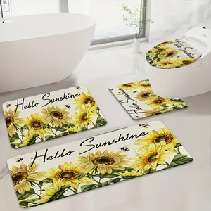 4pcs Bathroom Anti-Slip Mat Set, Sunflower Pattern Hello Sunshine Art Print Style, Flannel Material, 0.47inch Thickened Sponge, Non-Slip Bathroom Rug, Includes Bath Mat, Contour Mat, Perfect for Home Use, Enhances Bathroom Experience, Soft Shower Mat