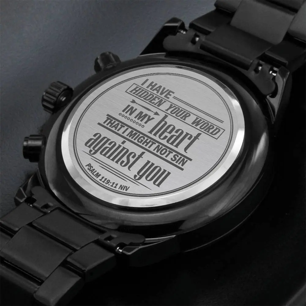 Men's Engraved Motivational Scripture Aqua Resist Quartz Watch, Featuring "I Have Hidden Your Word" Inscription (Psalm 119-11), Engraved Motivational Scripture Quartz Watches, Aqua Resist Quartz Watches