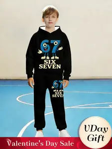 Boys' Spring & Fall 2-Piece Set, 3D Hooded Sweatshirt & Pants, Random Print Casual Wear, Perfect Gift for Christmas Activities