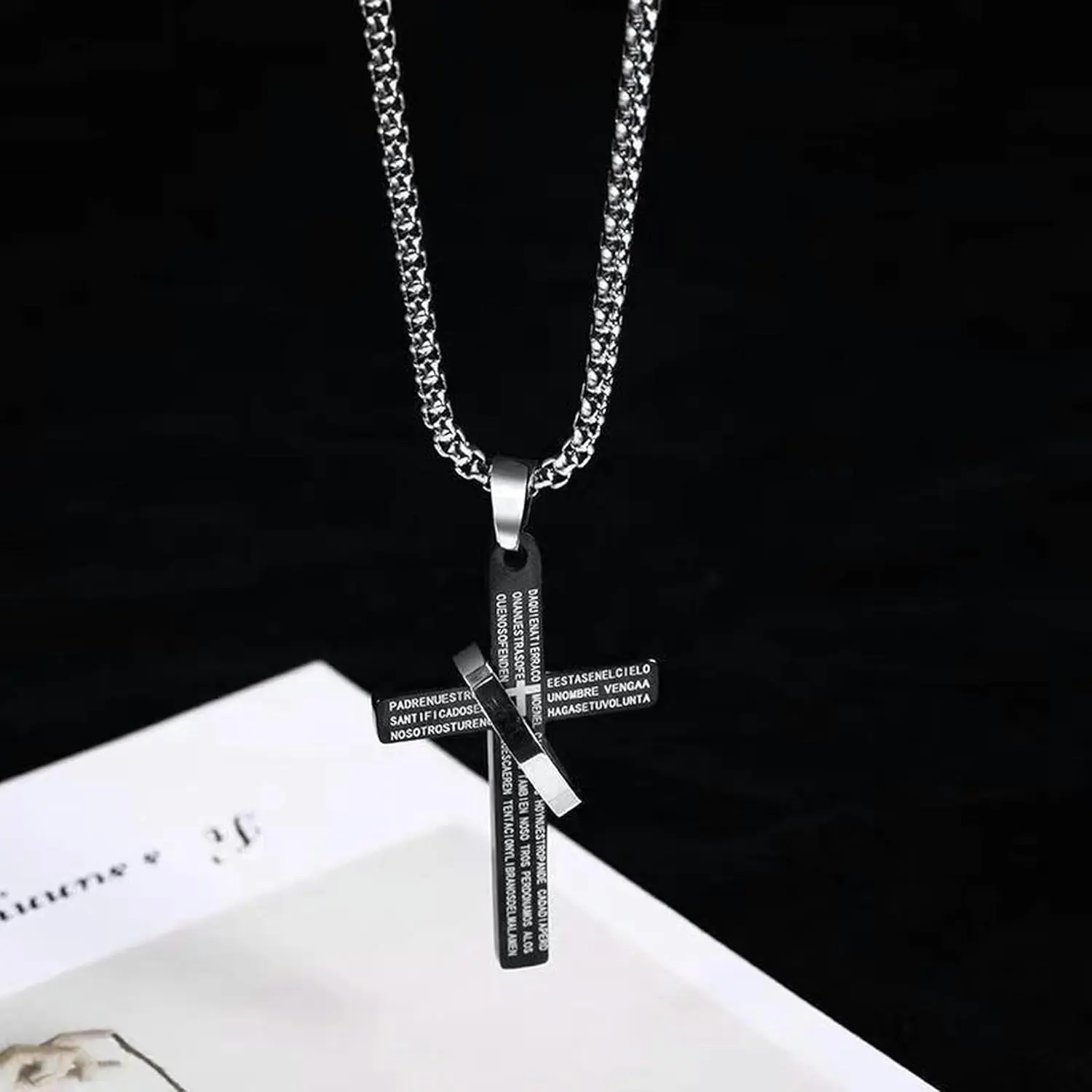 Spinning Cross Pendant Necklace for Guys, Text-Engraved Design, Sleek Chain Everyday Wear