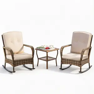 Beige 3 Pieces Rocking Bistro Set, Wicker Outdoor Rocking Chair with Washable Cushions, Rattan Rocking Chairs with Rattan Table, Outdoor Wicker Chair for Patio Backyard Porch Garden