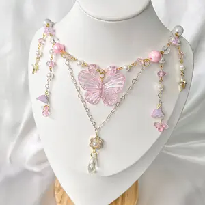 Pink Butterfly Beaded Necklace, Fairycore Handmade Jewelry, Twinkle Star, Cottagecore necklace, balletcore necklace, gift for her