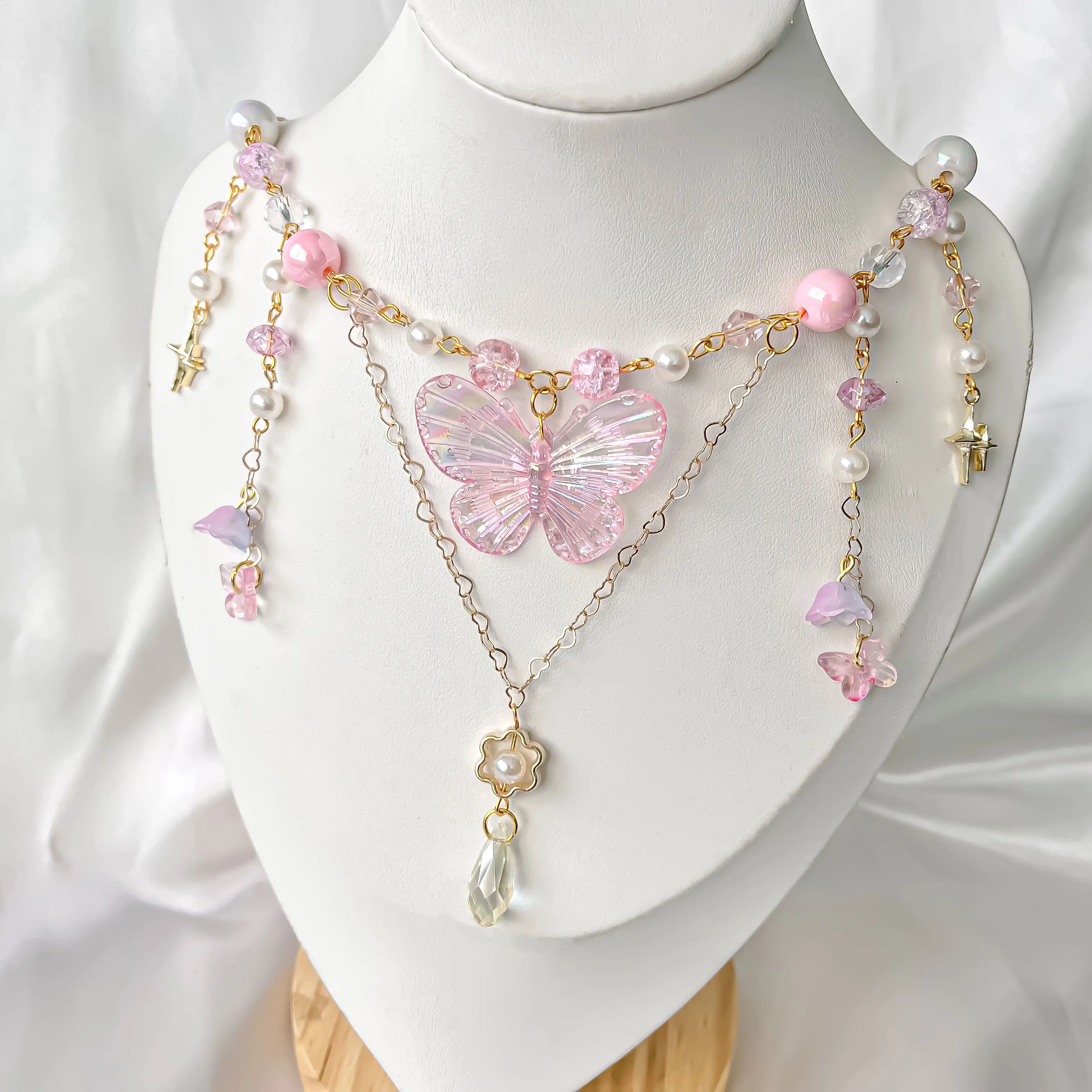 Pink Butterfly Beaded Necklace, Fairycore Handmade Jewelry, Twinkle Star, Cottagecore necklace, balletcore necklace, gift for her