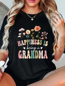 100%25 Cotton Happiness is Being a Grandma Floral Grandma Mother's Day T-Shirt