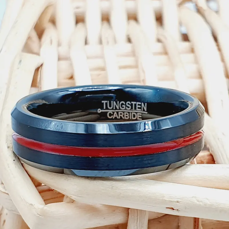 Engraved Firefighter Thin Red Line Ring for Men - Black Tungsten Band - Wedding Size 5-13 - Promise Ring for Him - Engagement Ring