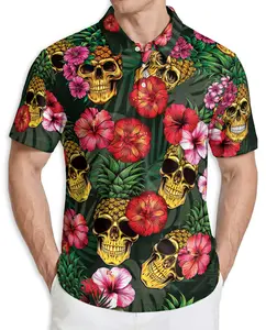 Pineapple Skull Hibiscus Polo Shirt for Men, Fun Hawaiian Style, Casual Shirt for Summer
