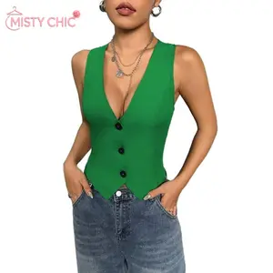 MISTY CHIC Deep V-Neck Crop Suit Vest For Women, Sleeveless Button-Down Waistcoat Tank Top, Y2K Slim Fit Street Style Blouse, Great For Parties, Gatherings, Daily Commute And Casual Street Style Outfits