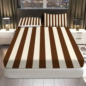 3Pcs Brown White Striped Fitted Sheet Three Piece Set (1*Fitted Sheet+2*Pillowcases, Coreless), Modern theme, Striped Bedding Set, Mattress protector Soft, Breathable