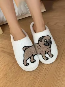 Women's Closed-Toe Cotton Slippers, Tpr Sole, Fleece Lining, Warm Fall & Winter Home Shoes, Cute Cartoon Pattern, Fabric Upper