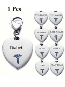 Stainless Steel Heart Shape Creative Medical Id Pendant Keyring For Men, Diabetic Type 1 Type 2 Diabetes Keychain For Men, Ideal choice for Gifts