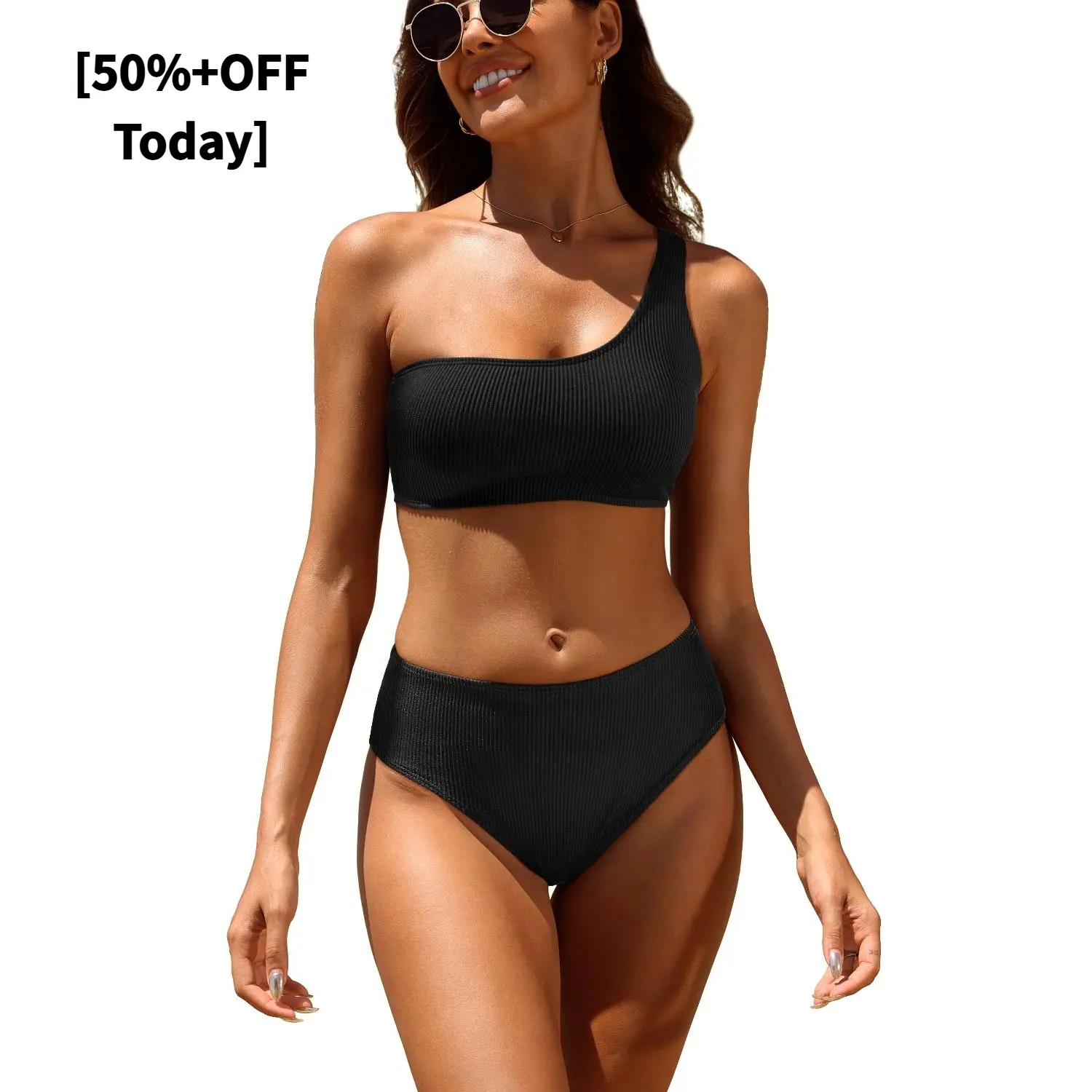 [50%+OFF Today]Tempt Me Women Two Piece Swimsuits Ribbed One Shoulder Bikini Sets Mid Waist Bathing Suit  dealsforyoudays