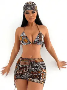 Women's Sexy Bikini Set, Three-Piece Fashion Triangle Cup Bra Swimsuit, Drop Waist Tie-Side Design, Summer Beachwear, Bikinis Set