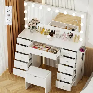 VOWNER Vanity with Lighted Mirror - Makeup Vanity Desk with 11 Drawers and Outlet, 3 Color Lighting Modes Adjustable Brightness, 46" Vanity Table with Soft Cushioned Stool for Bedroom, White