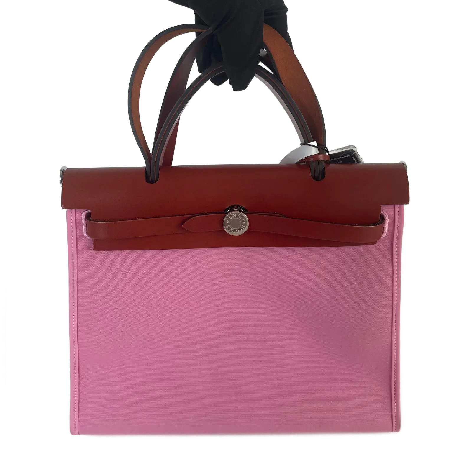 Pre-owned HERMÈS Canvas Shoulder Bags Pink & Brown Leather Herbag Zip 31 Handbag+Bag charm+++