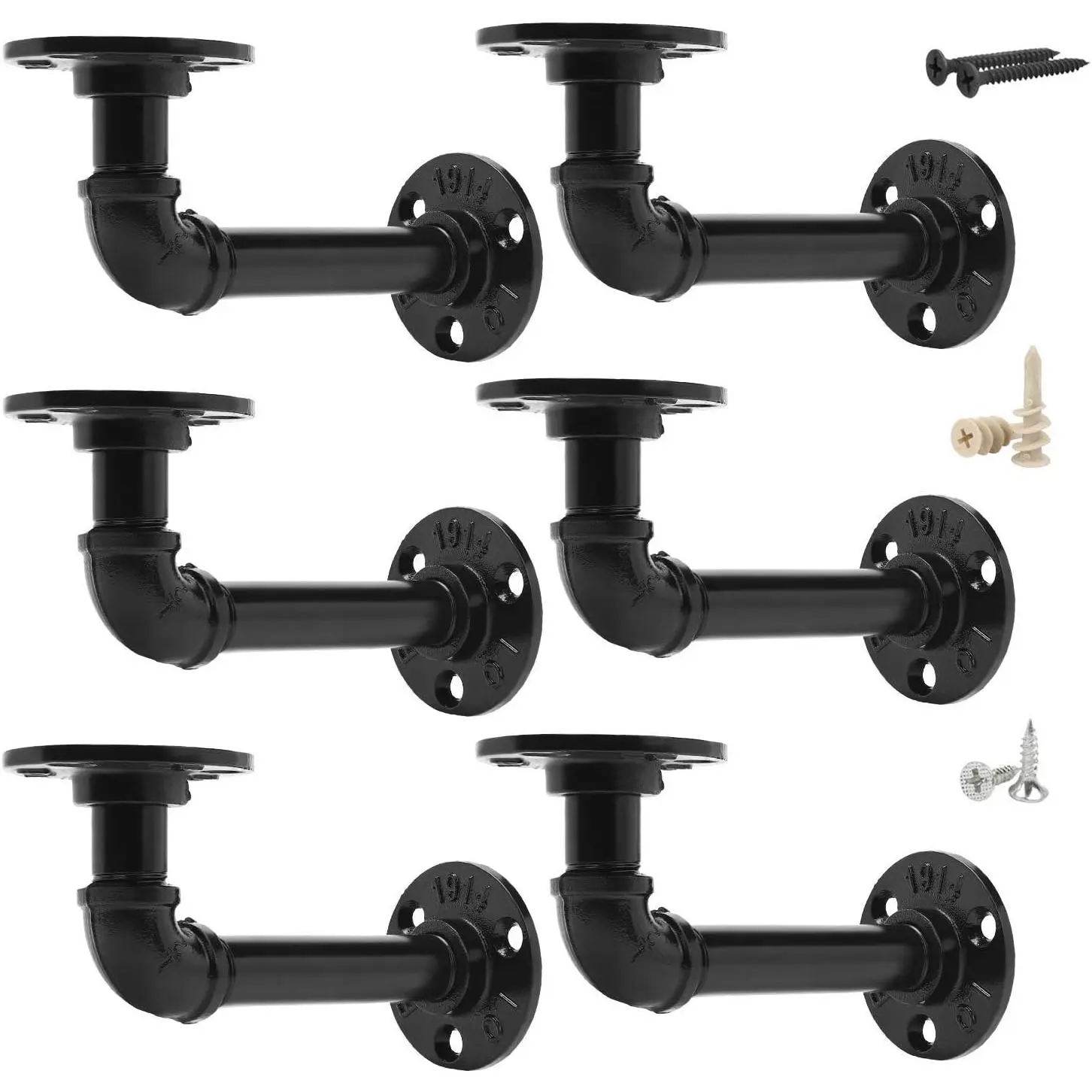 Set of 6 Pipe Shelf Brackets Industrial Iron for Custom Floating Shelves DIY Rustic Shelves with Hardware Included Black Decor for Farmhouse