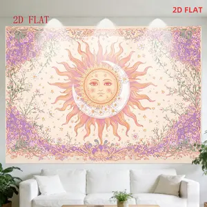 2D plane - 1 large-sized sun and moon illustration tapestry |   Floral pattern, pastel colors, mysterious theme, decorative border, polyester material, suitable for bedroom, living room, meditation area, office, party decoration