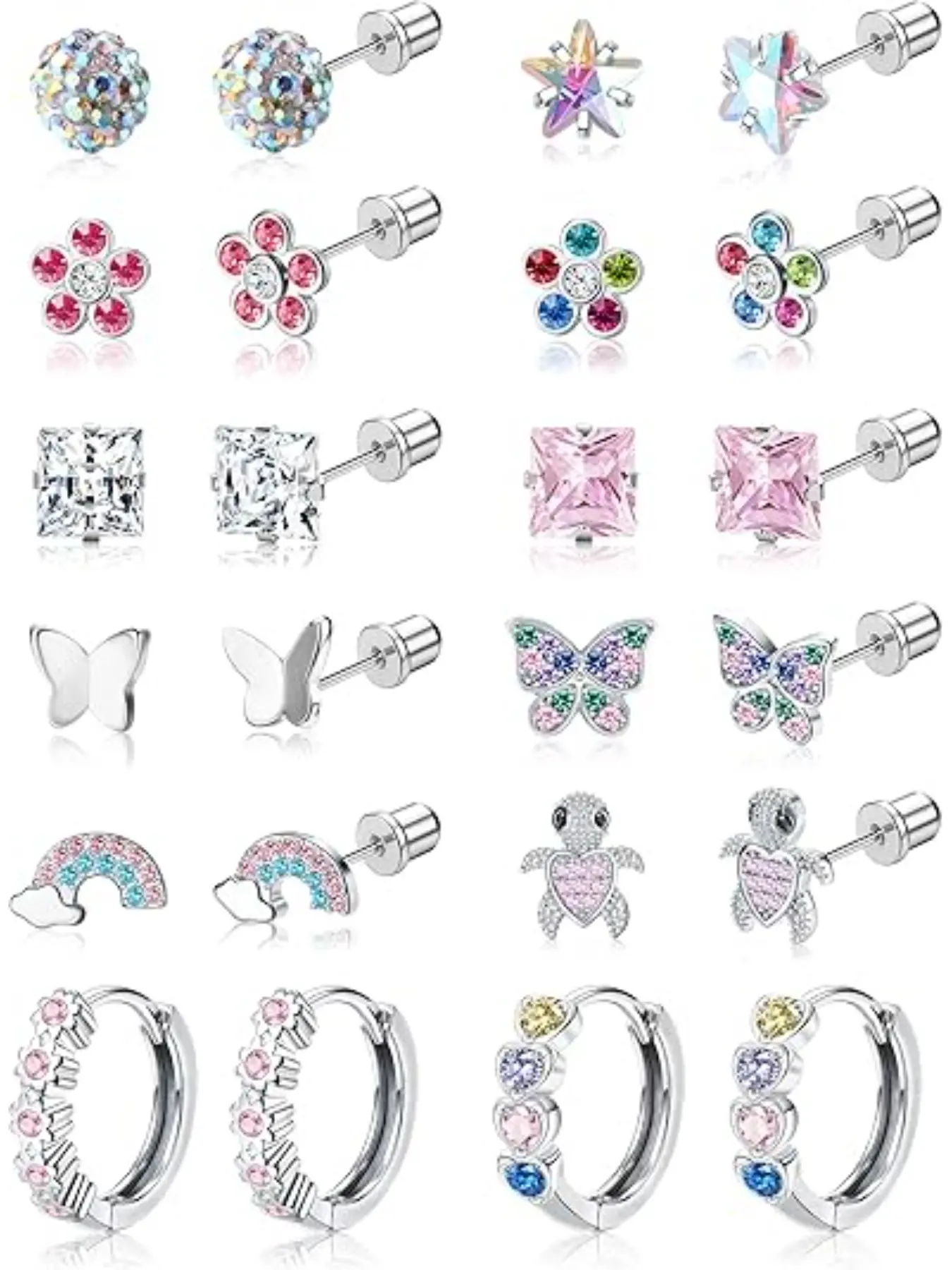 Hypoallergenic Stainless Steel Earrings for Girls Kids Women - 12 Pair Screw Back Earrings for Sensitive Ears Cute Flower Butterfly Toddler Stud Hoop Earrings Screwback Girl Earrings Ear Studs Cute Jewelry