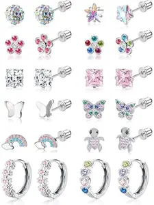 Hypoallergenic Stainless Steel Earrings for Girls Kids Women - 12 Pair Screw Back Earrings for Sensitive Ears Cute Flower Butterfly Toddler Stud Hoop Earrings Screwback Girl Earrings Earrings Set