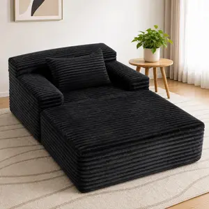 Black Lazy Sofa Bed, Corduroy Deep Seat Chaise Lounge, Boneless Cloud Armrest Single Chair For Living Room Bedroom Reading Nap, Easy Setup