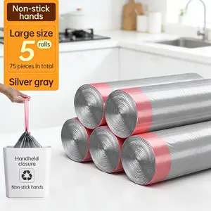 75pcs Drawstring Thick Trash Bags Kitchen Home Office Silver Color Puncture Resistant Garbage Bags, Durable Waste Bin Liners
