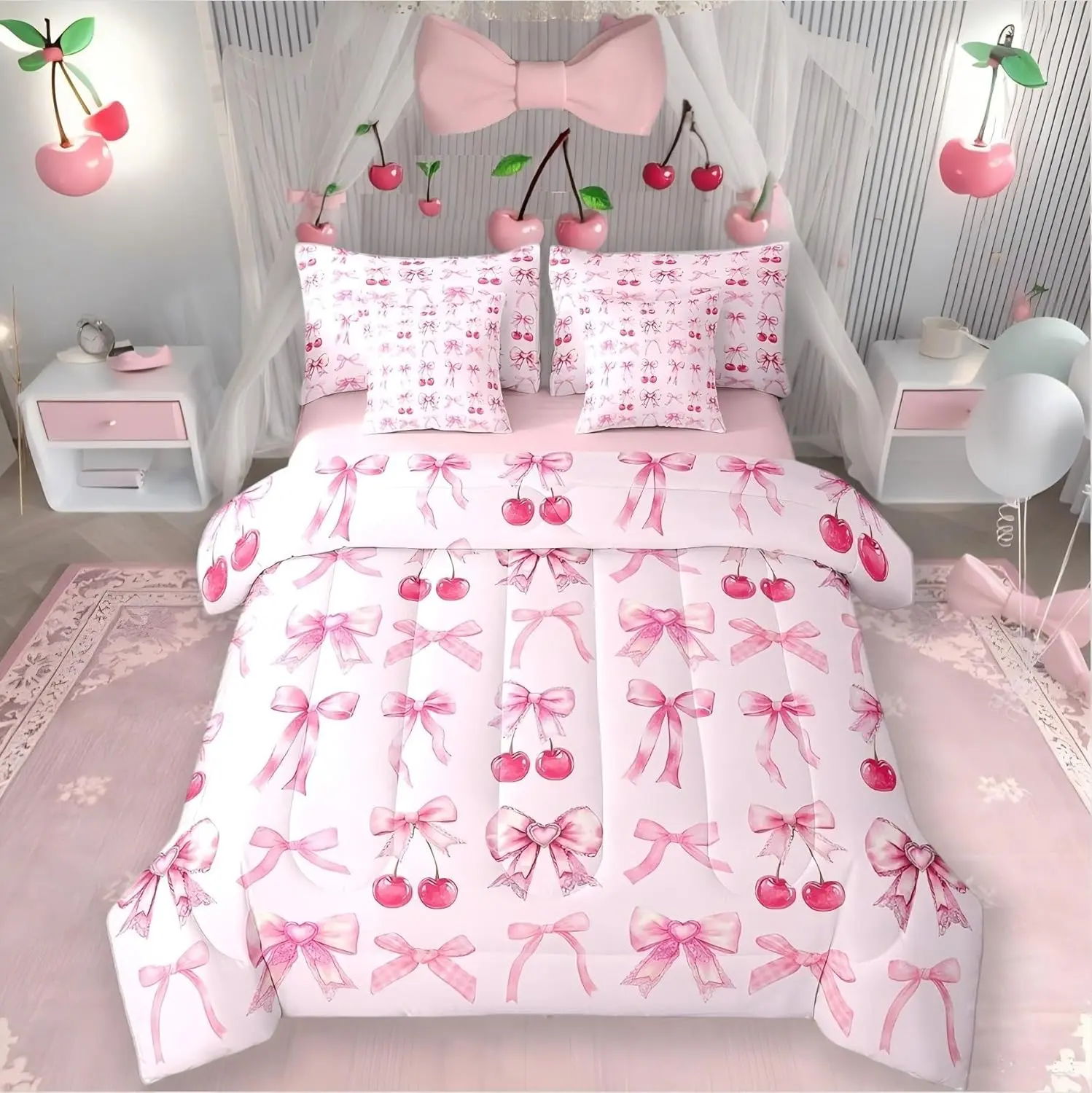 Feelyou 7-Piece Pink Cherry Bow Bedding Set - Soft Bedding with Silk Ribbon Bowknot, Kawaii Princess-Themed for Girls, All-In-1 Bed-in-a-Bag with Sheets, Girly Bedroom Decor Essential, Bedding Sets