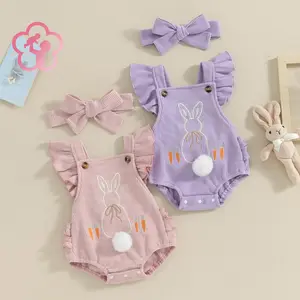 (65% Cotton) GCB Babygirl Clothes 0-18 Months Girls 2-Piece Rabbit Easter Cute Romper and Headband Pink Purple Clothing Spring Fashion