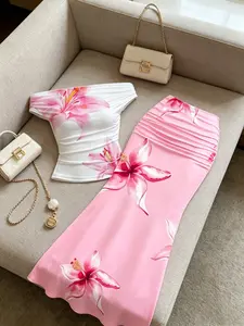 Elegant Watercolor Lily Print Set, Sexy Off-Shoulder Bralette + High-Waisted Ruched Split Fish Tail Long Dress Two-Piece Set
