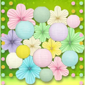 20Pcs Pastel Spring Hanging Decorations Paper Lanterns Flower Fans Glitter Garland for Easter Baby Shower Wedding Classroom Wall Decor
