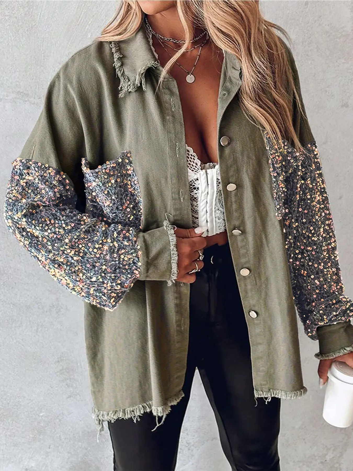Women's Light Denim Patchwork Colorful Sequins Long Sleeve Lantern Sleeve Collared Button Shirt Jacket Coats, Fashionable Jacket, Lady Womenswear, Lightweight Casual Cool Style, Perfect for Daily Wear, Parties