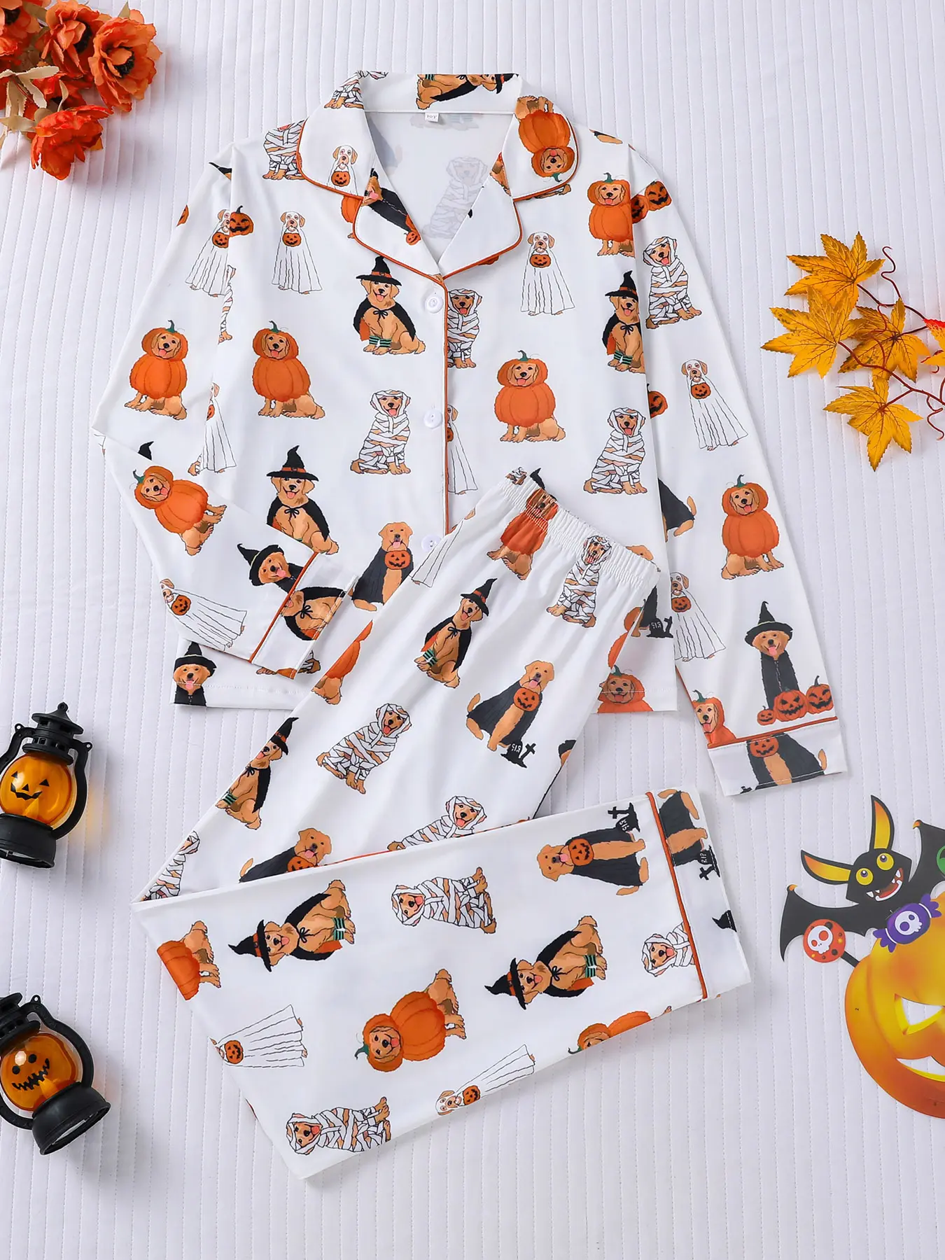 2-piece Halloween Pumpkin Golden Retriever Magic Robe Golden Retriever Mummy Golden Retriever Collared Long Sleeve Long Pants Comfortable Soft Button Closed Elastic Waist Suitable for Four Seasons Home Casual Clothing
