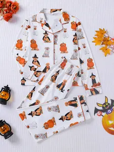 2-piece Halloween Pumpkin Golden Retriever Magic Robe Golden Retriever Mummy Golden Retriever Long Sleeve Long Pants Comfortable Soft Button Closed Elastic Waist Suitable for Four Seasons Home Casual Clothing