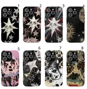 Whimsigoth Celestial Star & Dark Academia Clown Phone Case, Retro Y2K Grunge Aesthetic Phone Cover for iPhone 17 Pro Max 16 15 14 13 12 11 | Whimsical Moon & Star Tough Case, Gothic Pierrot Clown Checkerboard Print, Indie Alt Fairycore Protective Cover