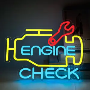 Check Engine Neon Sign, Switch-Controlled Wall-Mounted LED Garage Neon Light, Car Neon Sign, USB Powered, Men Cave Auto Repair Shop Party Gift