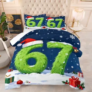 Digital 67 Grinchy Pattern Bedding Set, Includes 1 Quilt and 1 or 2 Pillowcases Without Pillows, Soft Bedroom Decor Gift for Kids and Adults, Bedsheet Sets