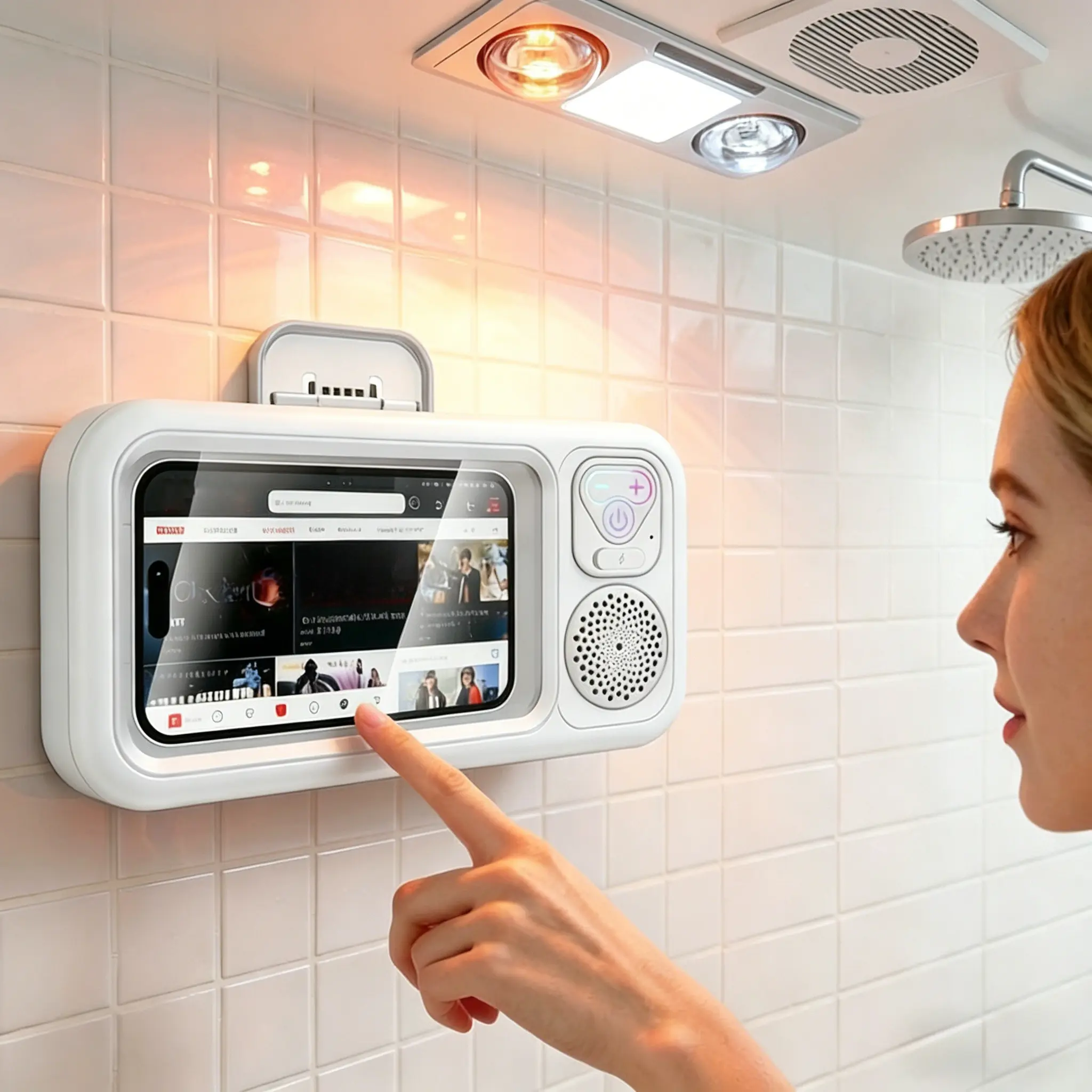 Waterproof Shower Phone Holder with 360° Rotation, Angle Adjustable, Enhanced Sound Quality, Wall Mounted Phone Holder for Bathroom Mirror Bathtub Kitchen, Up to 7 Inch(Pink)